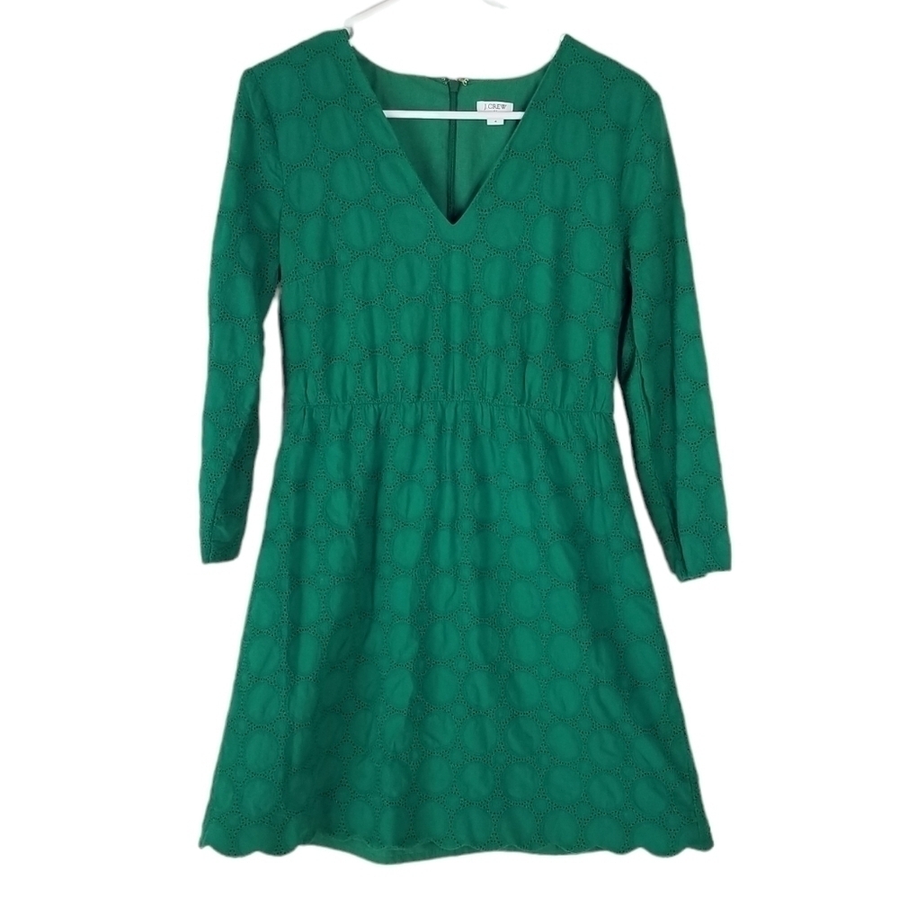 J. Crew Green V Neck Cotton Lace Long Sleeve Dress Size 4